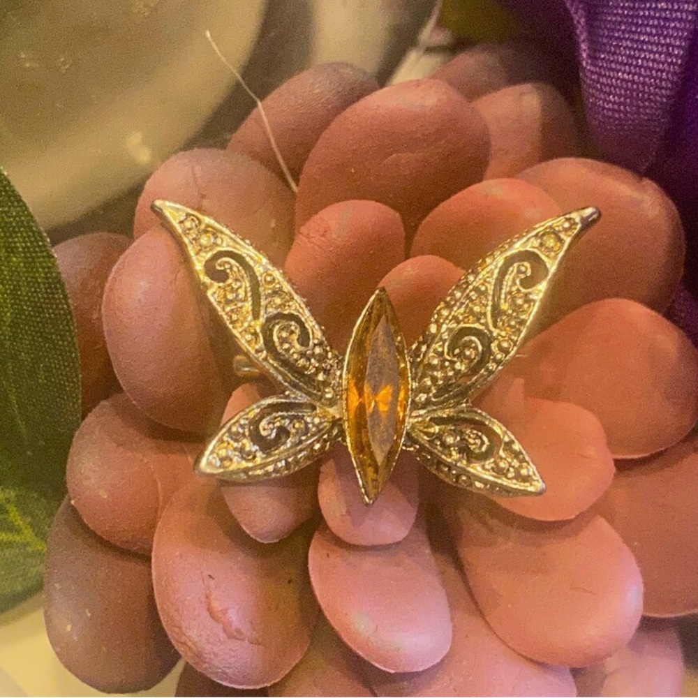 Ornate Filigree Butterfly Brooch Pin with Amber Rhinestone Body